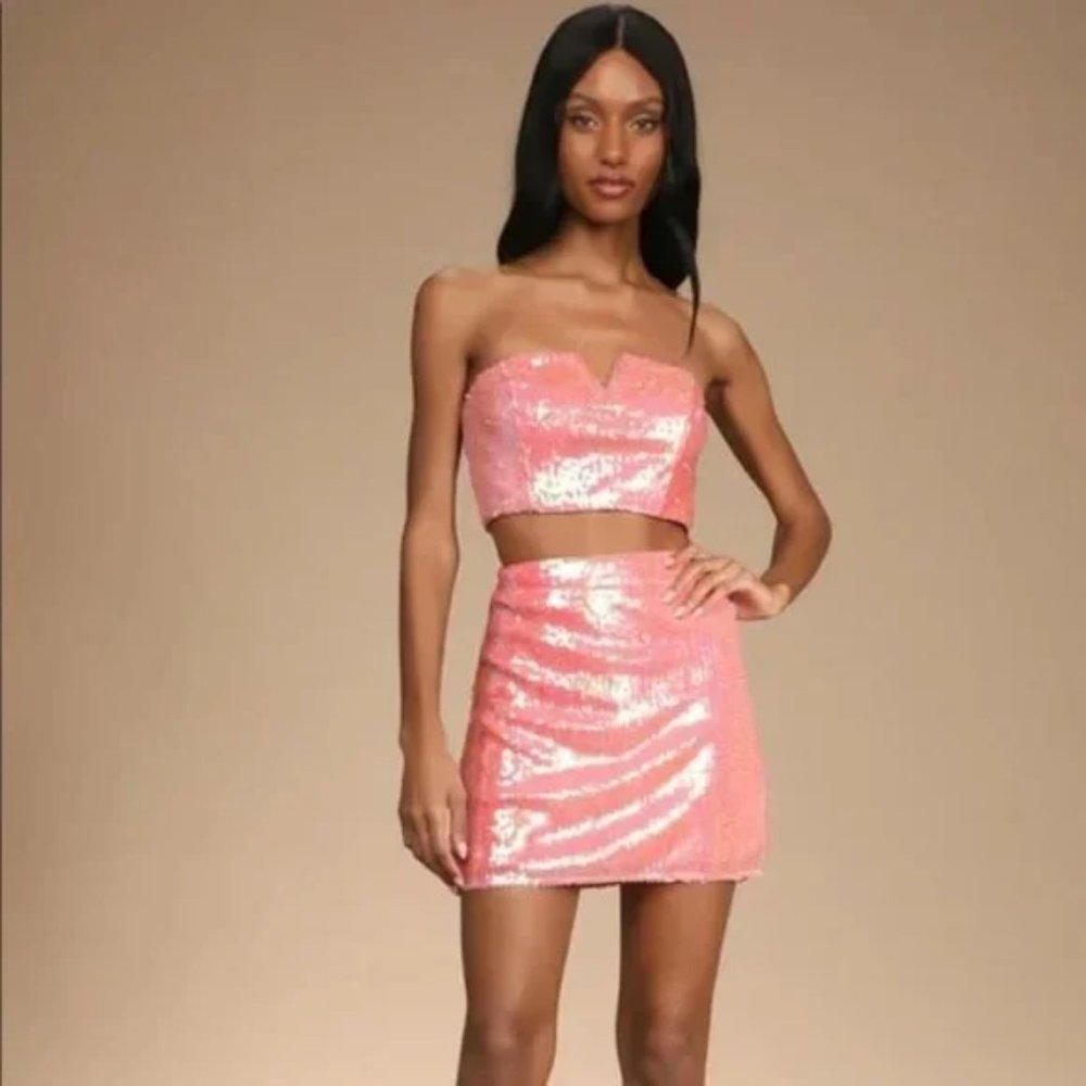 Lulu's Pink Sequin Two-Piece Strapless Mini Dress Size M